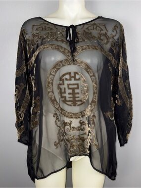 Chico's Travelers Sheer Top Women’s 3(XL) Black Velvet Burnout 3/4 Sleeves *Read